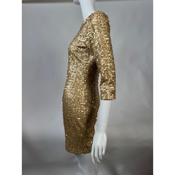 Fredericks Of Hollywood Gold Sequin Dress With 3/4 Sleeves & Low Back Design Siz - Picture 3 of 16